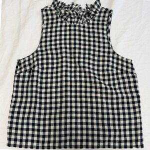 J.Crew Fleur Top in Gingham Linen XS Black White Ruffle Neck Sleeveless Top
